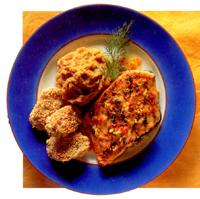 Charred salmon with lumpfish roe and sesame bananas